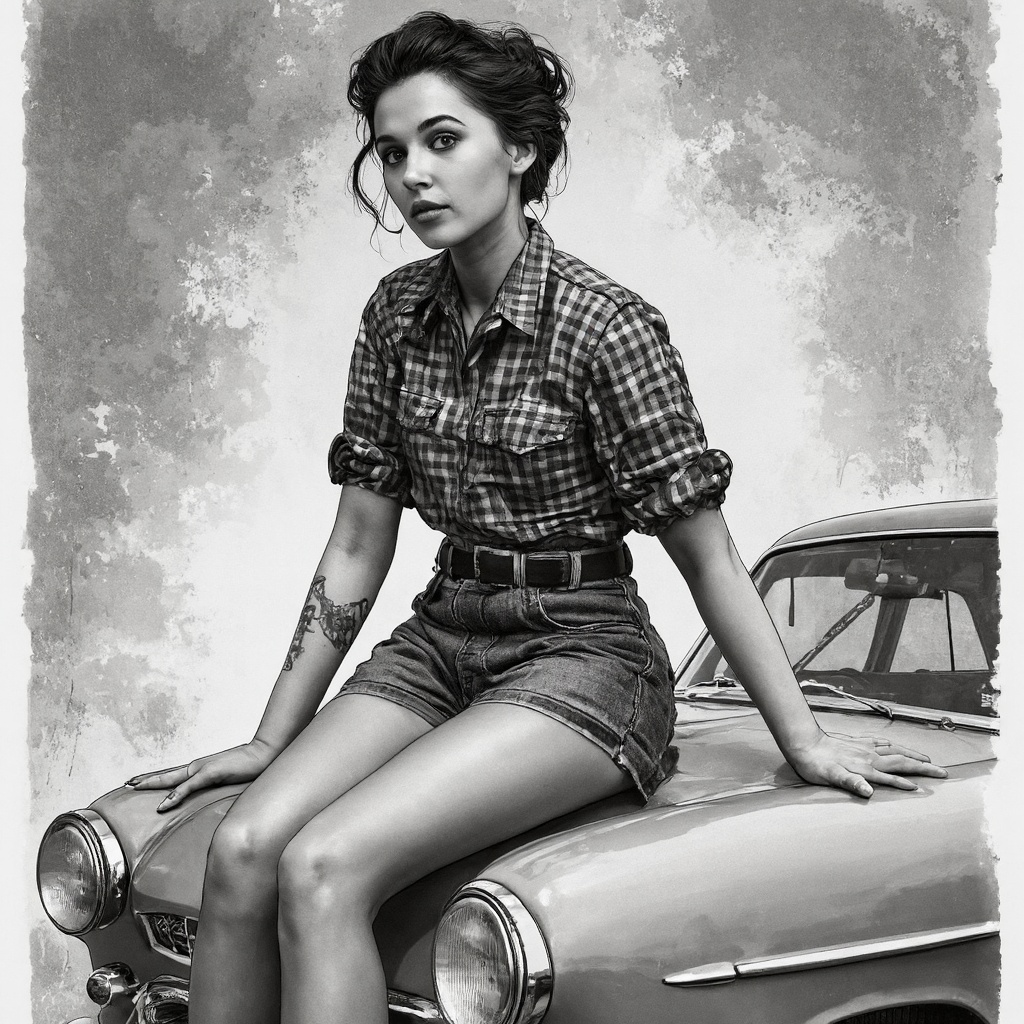 A detailed,  monochromatic illustration depicts a pin-up girl seated on the hood of a vintage car. She wears a checkered b...