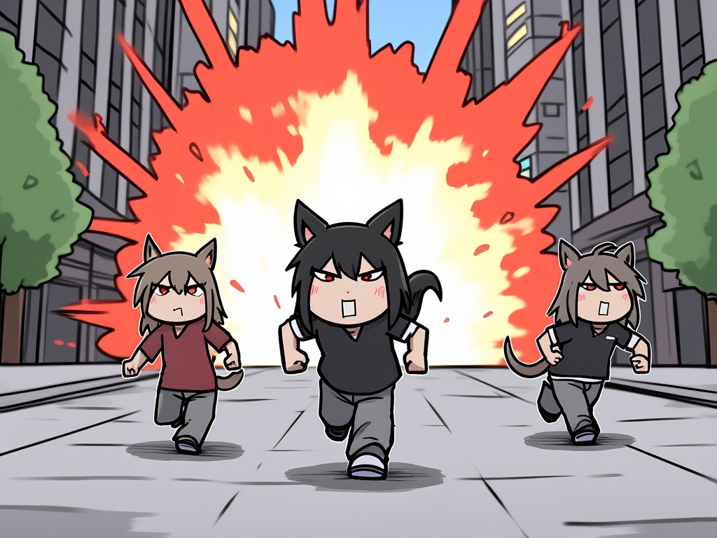 jbh,  Anime-style drawing,  A digital drawing in a chibi style featuring three characters with animal ears and tails on Te...