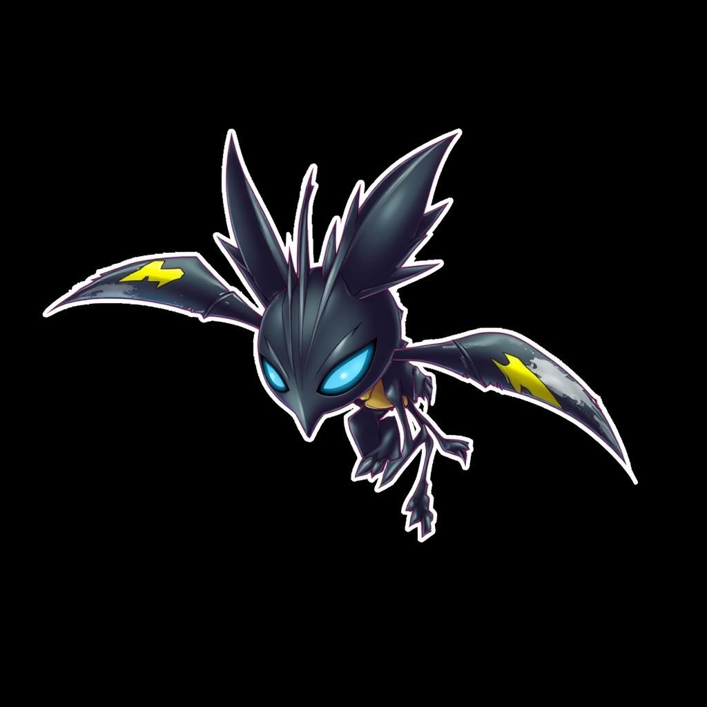 The image is a digital drawing of a stylized,  cartoonish bat-like creature set against a solid black background. The crea...
