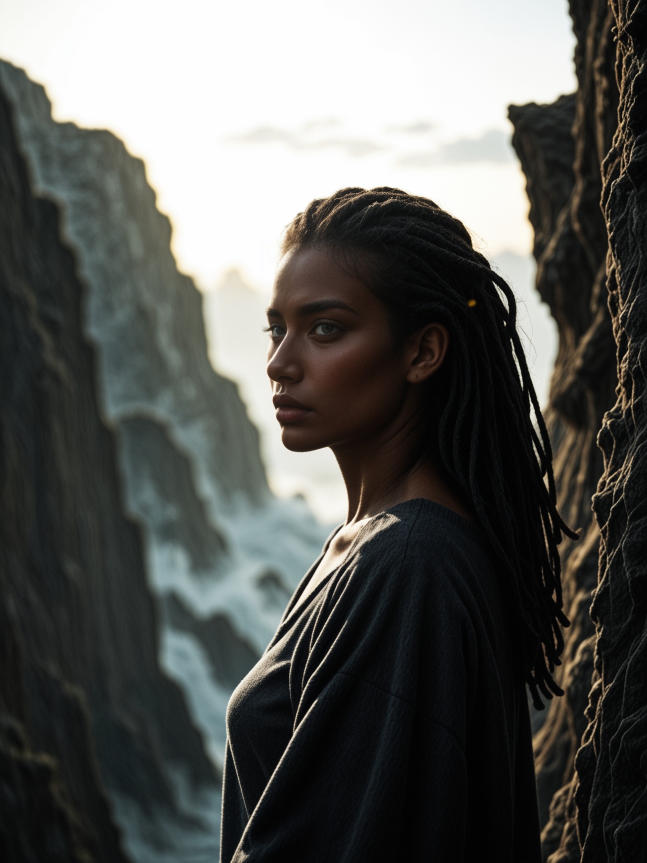 a cinematic bust portrait of a beautiful woman from left head and chest only,  Dreadlocks,  Red on Tensor.Art
