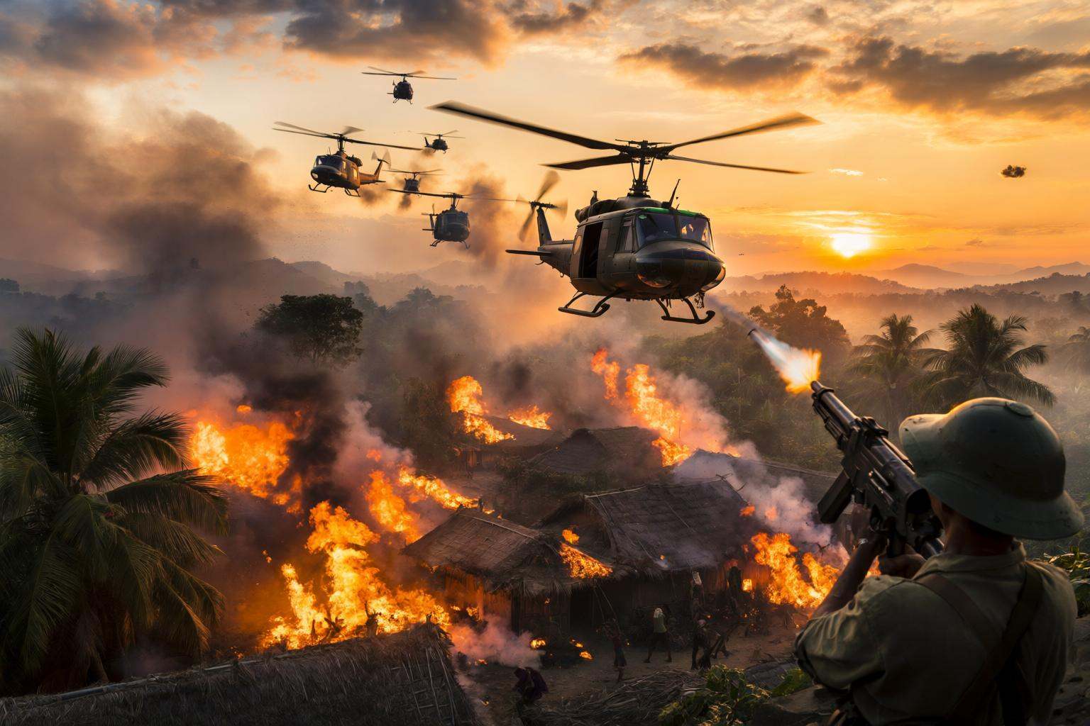 aurelmanea2q photography. High angle shot,  an epic cinematic still from Apocalypse Now,  a squadron of Huey helicopters d...