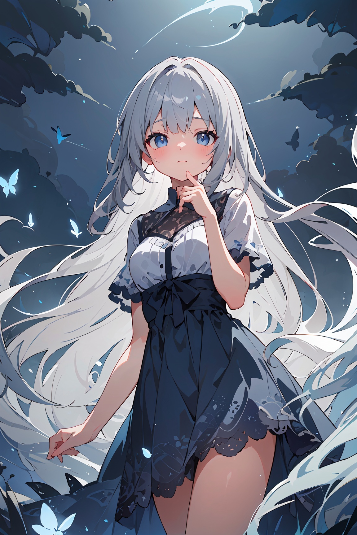 A captivating,  dreamlike anime girl standing on a fantastical night landscape filled with swirling shades of dark blue,...