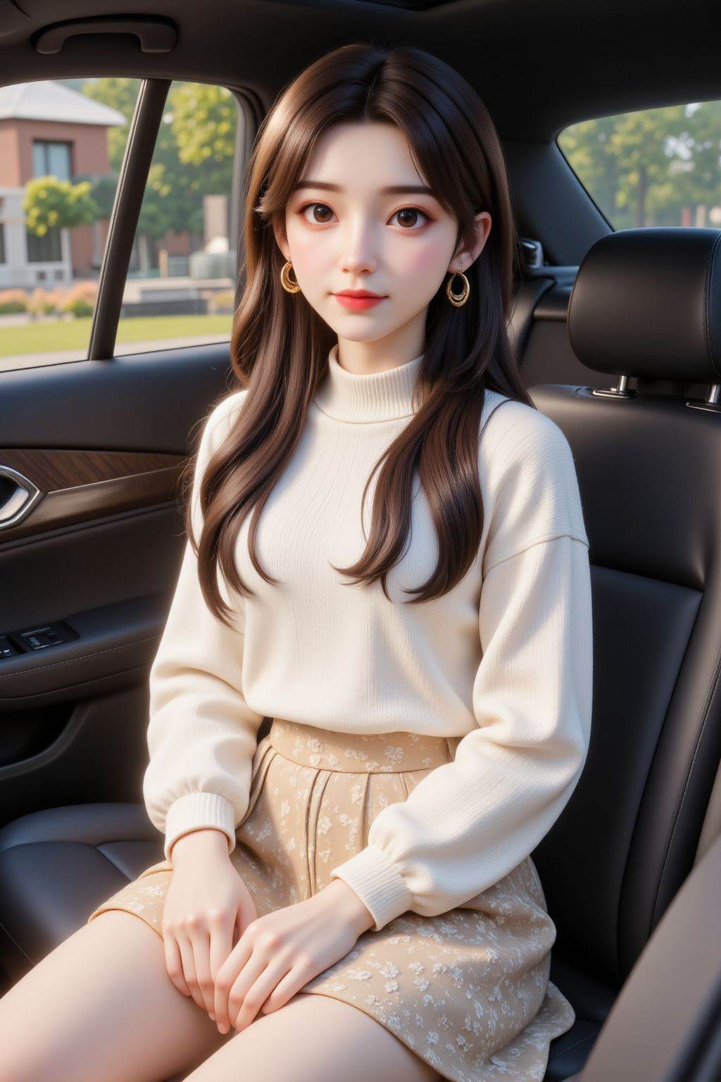 The image is a high-resolution photograph of a young Asian woman sitting in the back seat of a car. She has long,  straigh...