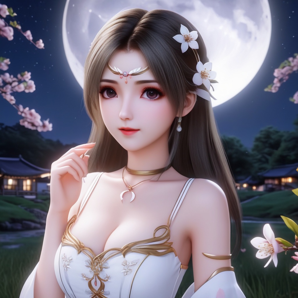 <lora:837-DA-XL-斗罗大陆-千仞雪-幼年:0.8>, (,1girl, ,best quality, ),,  ,ultra realistic 8k cg,, ,masterpiece, (( , )),, ,   ,   cure blossom, full moon,night,night sky,  (cleavage),,  (), ,,