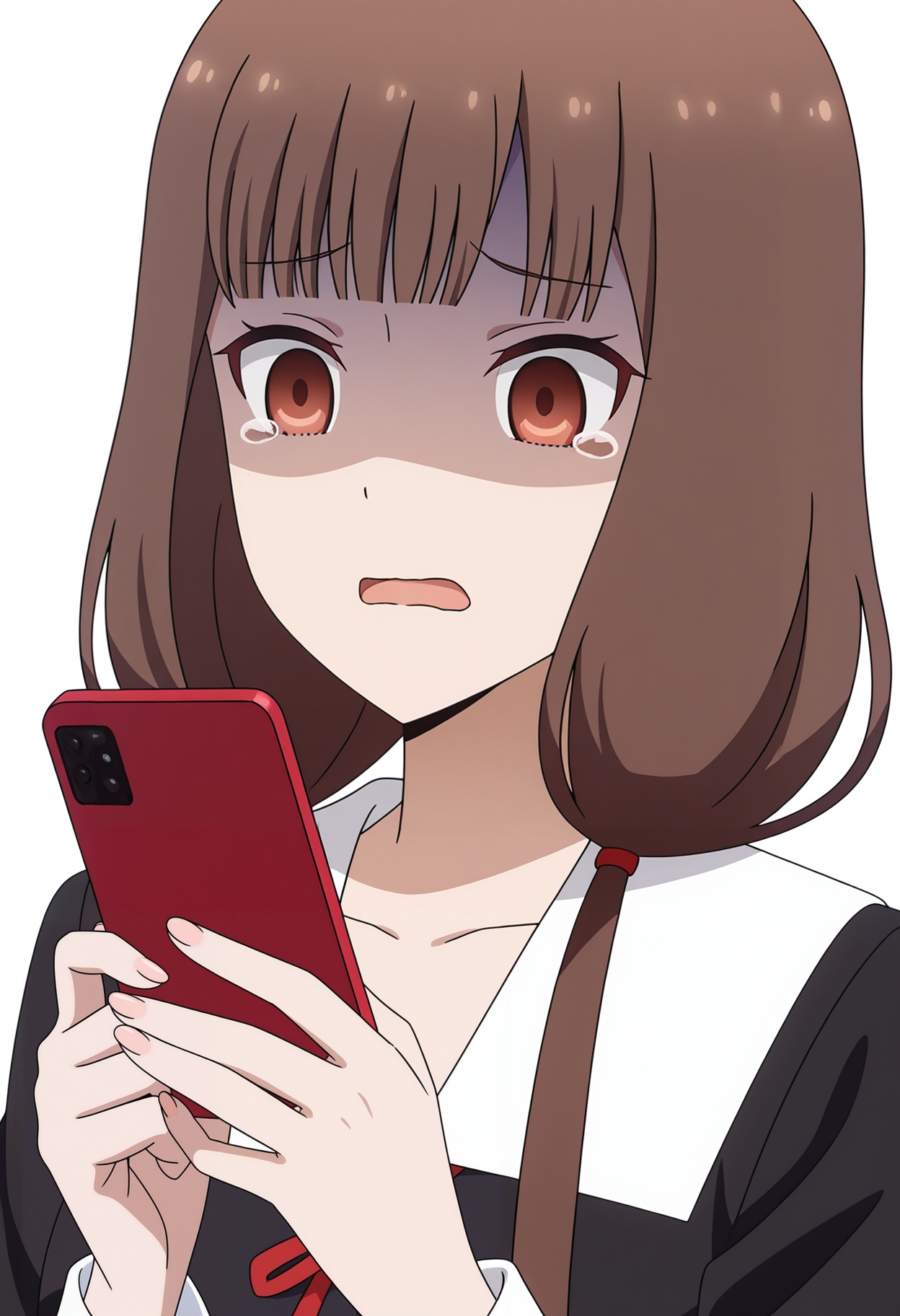 <lora:Iino Miko_illustrious-000010:1>,Iino Miko,solo,phone,school uniform,holding,holding phone,cellphone,smartphone,shaded face,tears,dress,upper body,black dress,white background,open mouth,anime screencap,