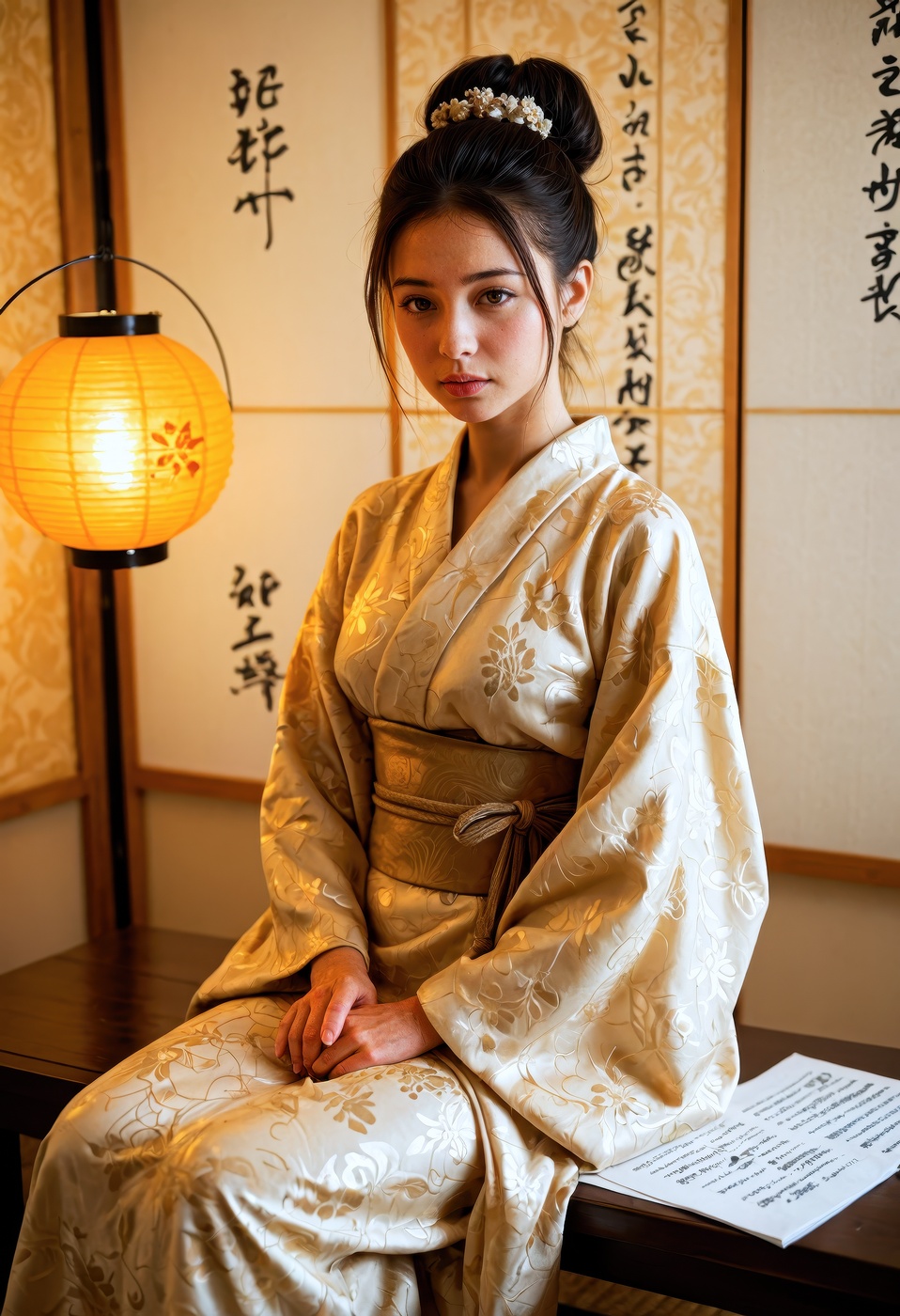 cinematic fine-art photo of a Asian woman wearing a modern silk kimono,  hair in an elegant updo with soft tendrils,  soft...