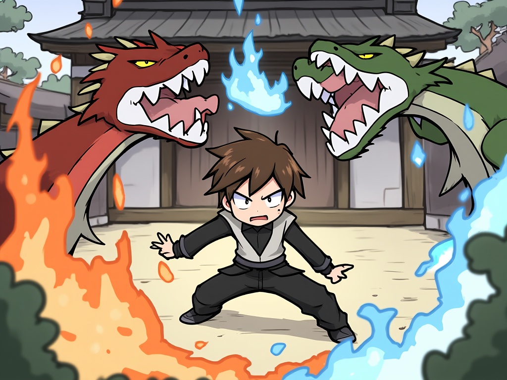 (masterpiece:1.2),(extremely detailed:1.2),(best quality:1.2),(high quality:1.2),(official art:1.2),jbh,Anime-style drawing,A digital illustration in a vibrant,dynamic style featuring a young character with short brown hair and a black and white outfit,wielding a blue and a yellow magical orb. The character is in mid-action,striking a powerful pose with an intense expression. The background showcases a traditional Japanese building with wooden architecture and a tiled roof,illuminated by soft,warm lighting. Two large,menacing dragons are attacking the character; one red with orange flames and the other green with blue flames. The dragons have sharp teeth and claws,and their bodies are coiled around the character. The image has a high level of detail and shading,with a focus on the character's dynamic movement and the dramatic interaction with the dragons. The camera angle is slightly low,emphasizing the character's power and the intensity of the scene.,<lora:简笔画-智灵-9:0.8>,