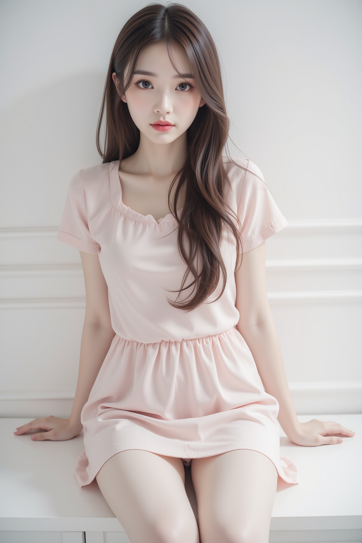 A woman is seated on a white surface her hair cascades over her shoulders. She is dressed in a light pink off-white dress adorned with a pair of white tights. Her hair is pulled back adding a touch of movement to her face. The backdrop is a stark white wall creating a stark contrast to the woman's outfit.