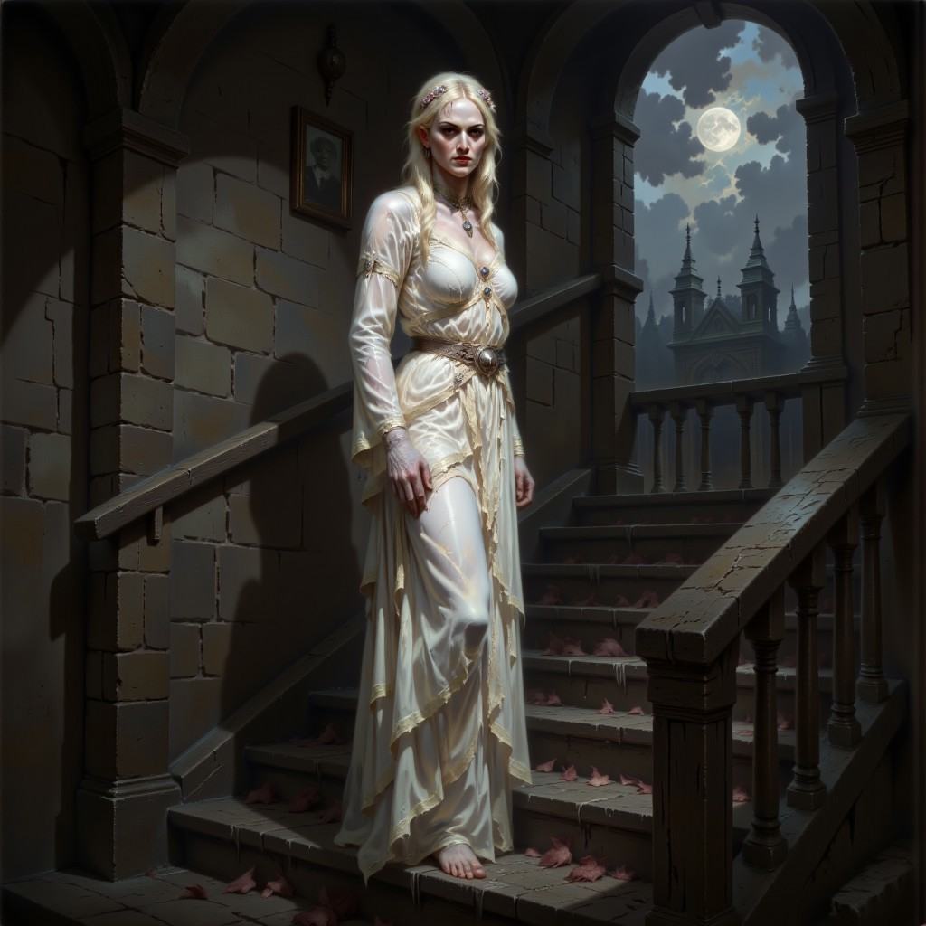 DFOP-V3.0 style dark fantasy oil painting that features The nightgown is vintage in style,  with intricate floral lace pat...