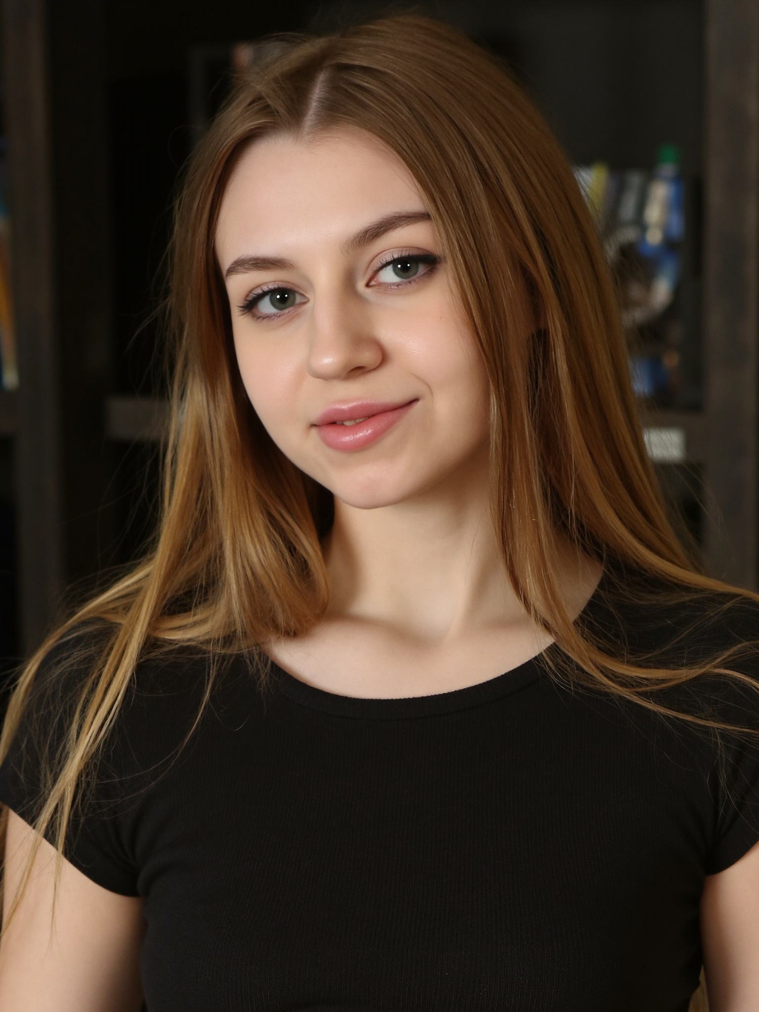 The image is a high-resolution photograph of a young woman with a fair complexion and long,  straight,  light brown hair t...