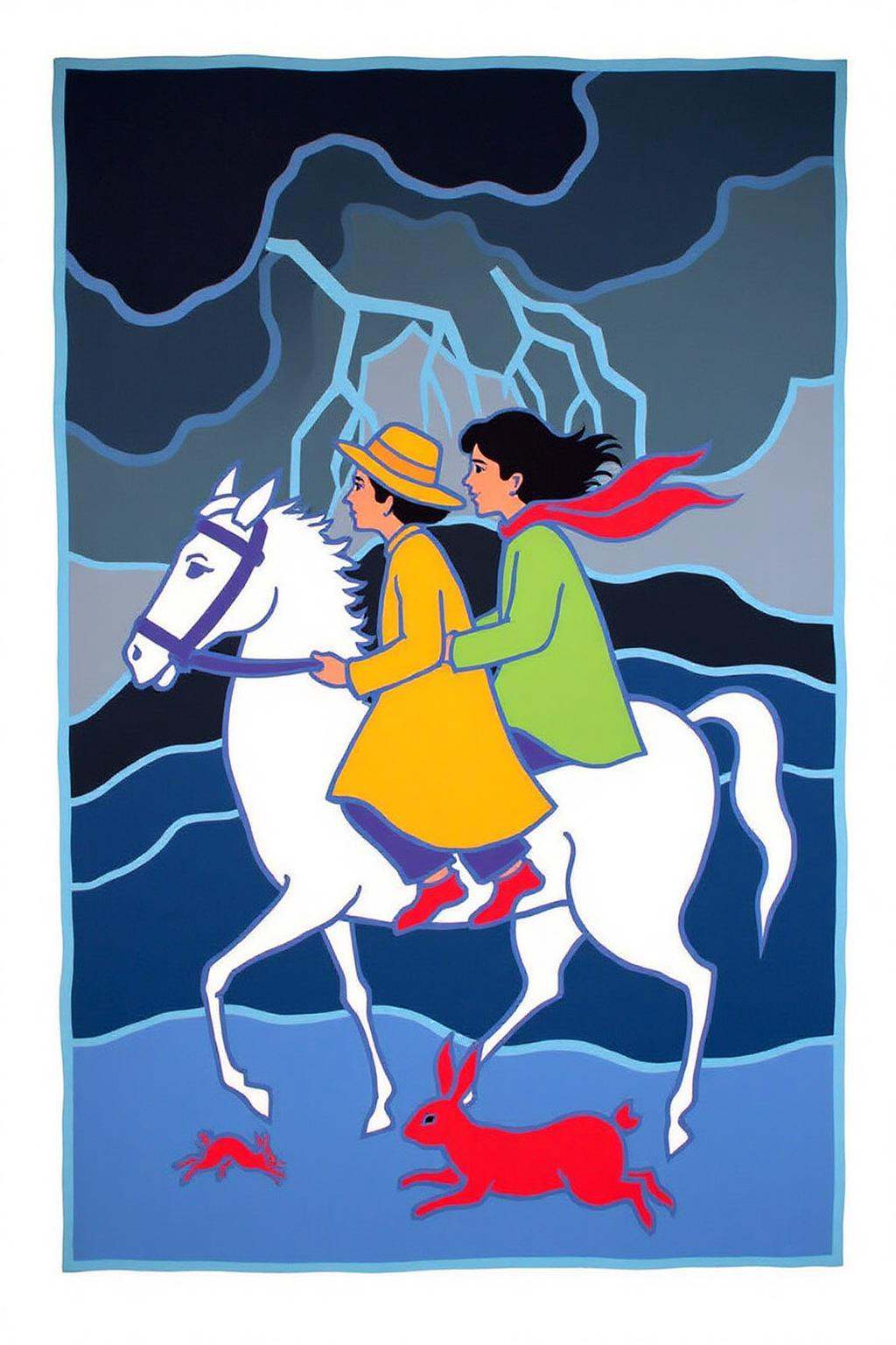 teha1 illustration.two figures riding a white horse against a dramatic,  stormy background. The rider on the left wears a...