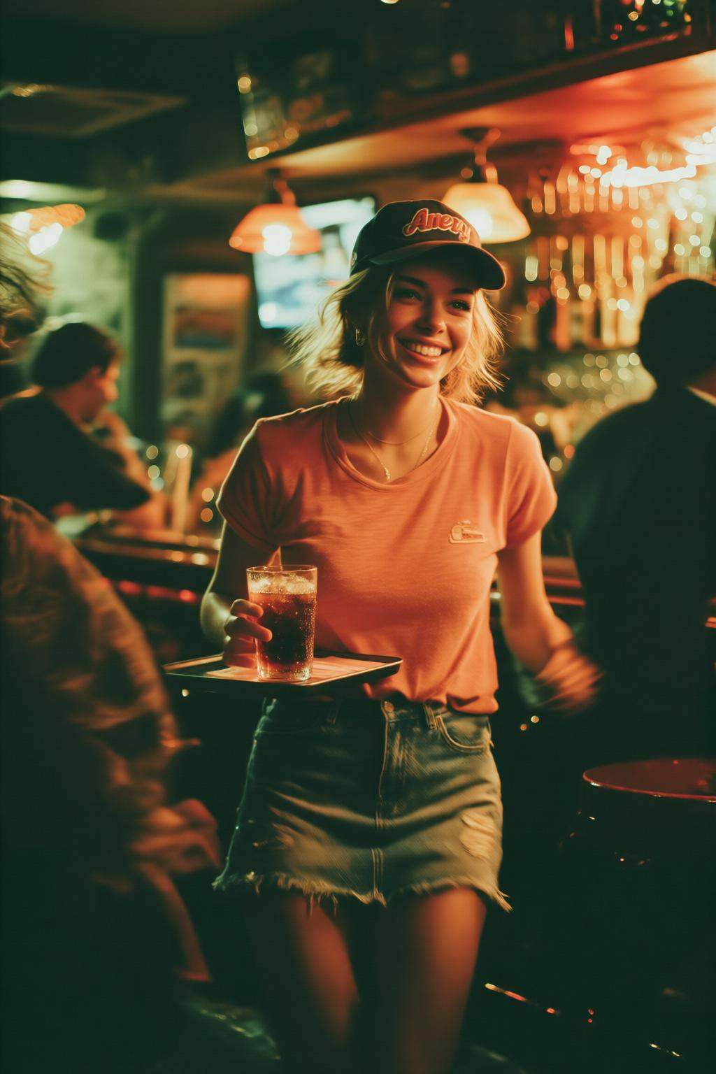midjourneyanalog9 photograph. The air buzzes with the energy of a busy bar,  a mix of music,  conversation on Tensor.Art