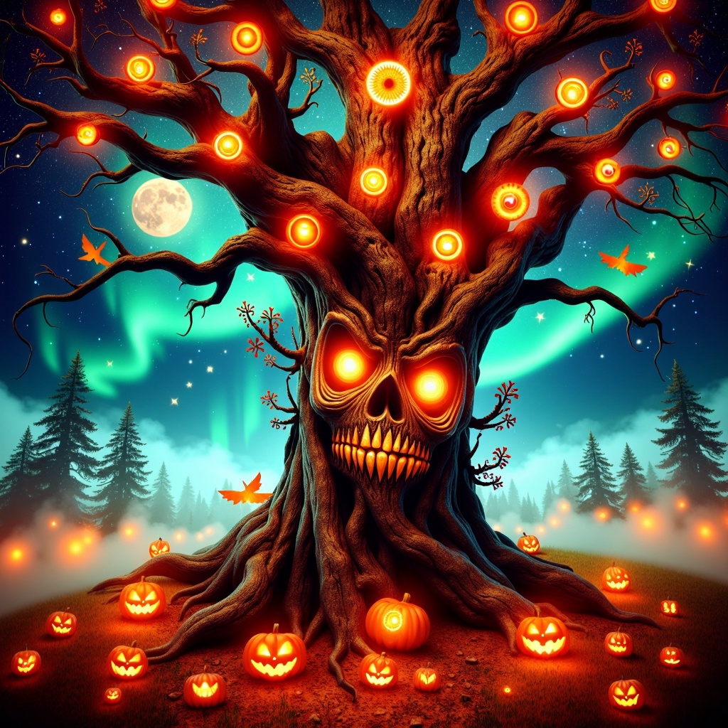 HalloweenGlowStyle orange themed Fantasy illustration of a giant tree with faces,  ancient tree,  magical tree on Tensor.Art