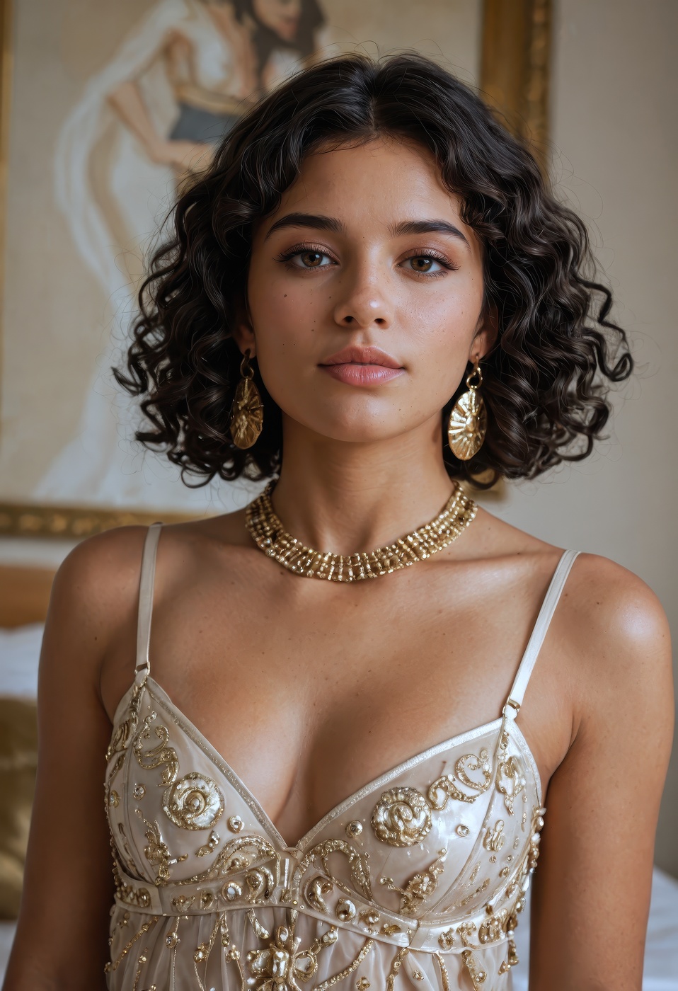award-winning RAW editorial photo,  glamorous young woman styled as Cleopatra,  wearing intricate golden jewelry on Tensor...