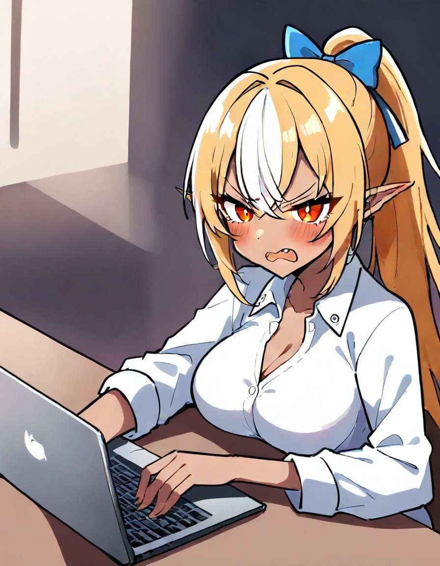1girl, shiranui flare, hololive,shiratama \(shiratamaco\),zmgwshnmspfd, blonde hair, dark-skinned female, dark skin, long hair, multicolored hair, streaked hair, pointy ears, sidelocks, bangs, breasts, red eyes, bow, white hair, hair bow, ponytail, large breasts, orange eyes, laptop, angry, buttons, virtual youtuber, collared shirt, open mouth, holding, looking at viewer, blush, upper body, elf, solo, cleavage, shirt, computer, dress shirt, long sleeves, white shirt<lora:nsnsns:1>​​​