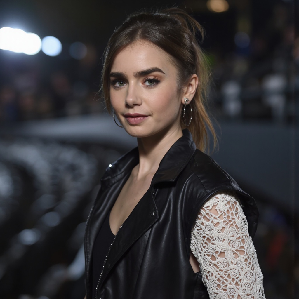 A portrait of lily_collins in a stadium. She wears a black leather jacket with intricate white lace detailing on the sleev...