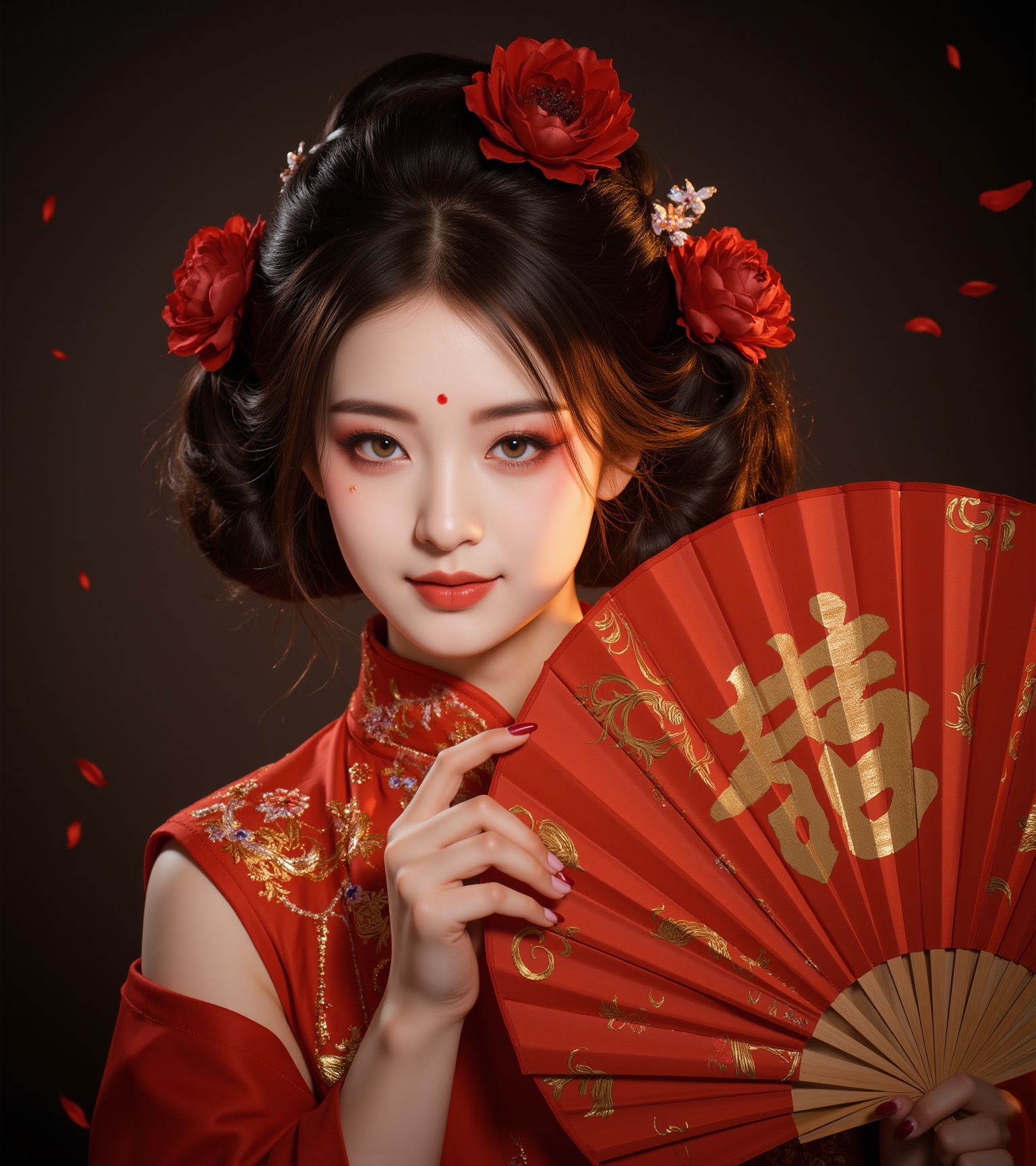 This is a highly detailed,digitally created artwork featuring a woman with an East Asian aesthetic. She is holding a large,ornate fan with red and gold Chinese characters. Her skin is pale,and she has dark,wavy hair styled in an elaborate updo adorned with red flowers. Her makeup is elaborate,with a red dot on her forehead and red and gold highlights on her cheeks,eyes,and lips. She is dressed in traditional Chinese attire,with a red robe featuring intricate gold embroidery and a high collar. Her expression is calm and serene,with a slight smile. The background is dark,with a hint of a golden light source casting a shadow on her face,adding depth and highlighting her features. The artwork has a realistic,hyper-realistic style with rich,vibrant colors and intricate details,emphasizing the cultural and historical elements of Chinese traditional attire and fan art.,