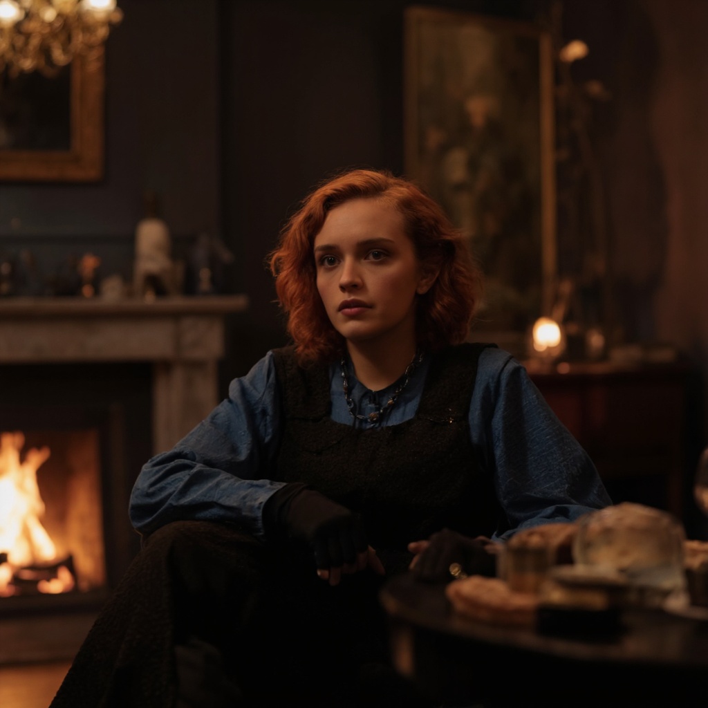 A still from a film or television show depicts olivia_cooke with curly blonde hair seated in a dimly lit room. She wears a...