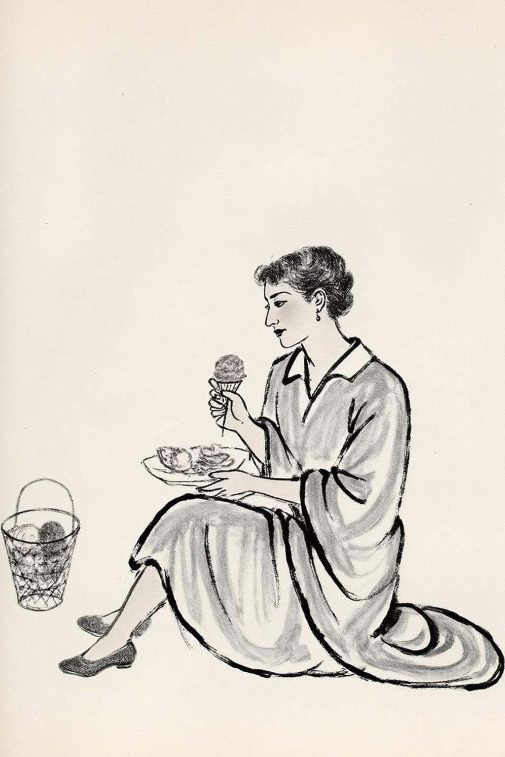 qbs1 ink wash paintingn of a woman sitting on the ground eating ice cream. on Tensor.Art