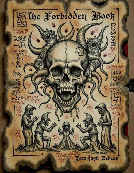 frbddnbk,  The cover of an ancient book called "The Forbidden Book",  worn at the edges on Tensor.Art