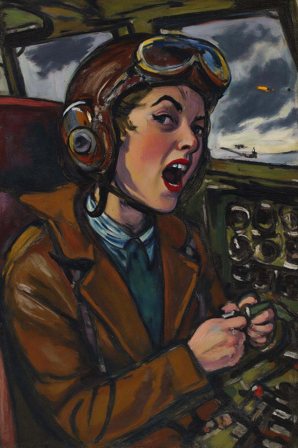 henrylymansayen1 painting.A female pilot screaming inside the cockpit of a World War II bomber. The pilot,  wearing a vint...