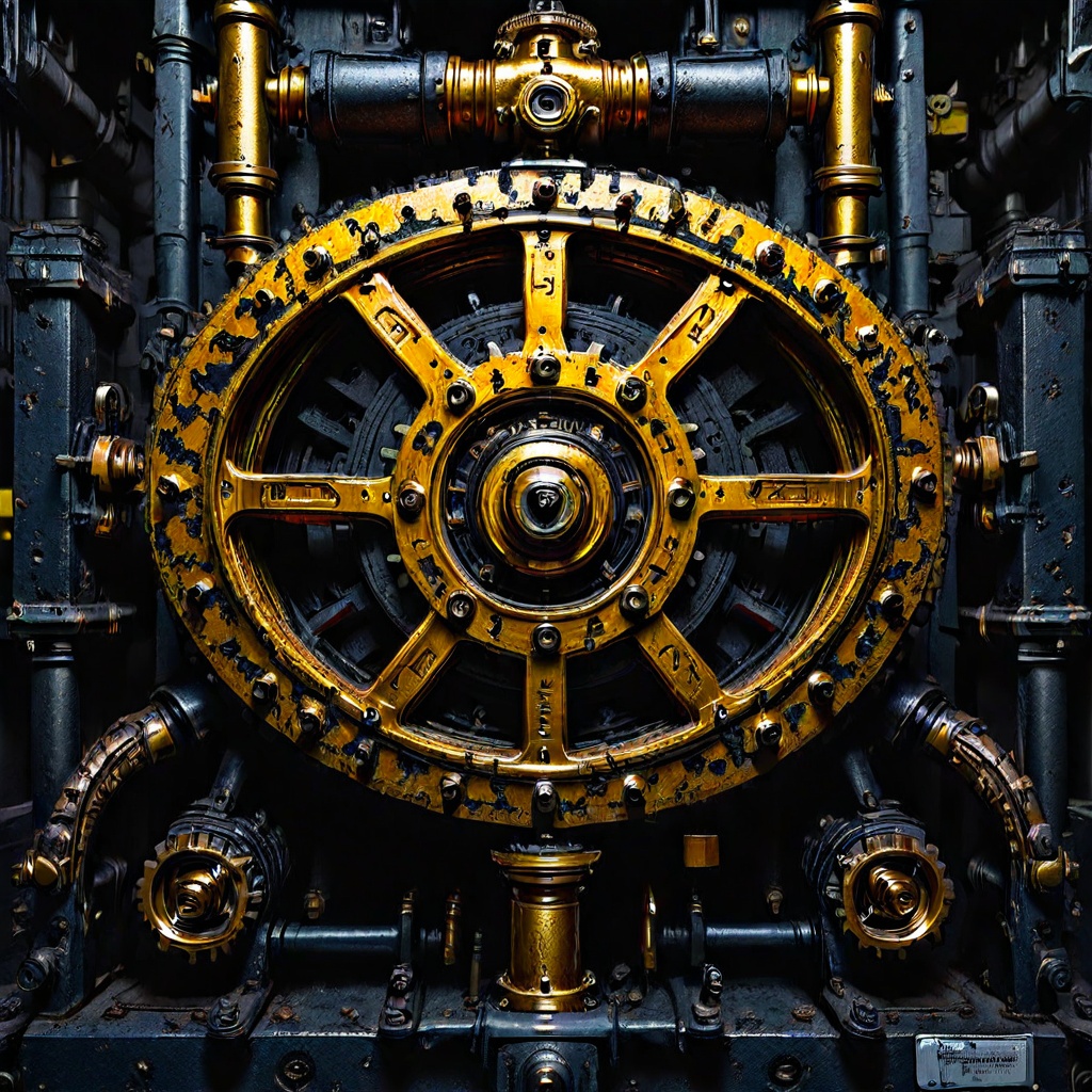 gears,  A close-up shot of a vintage-inspired engine,  with intricate mechanical golden gears and steam valves visible ben...