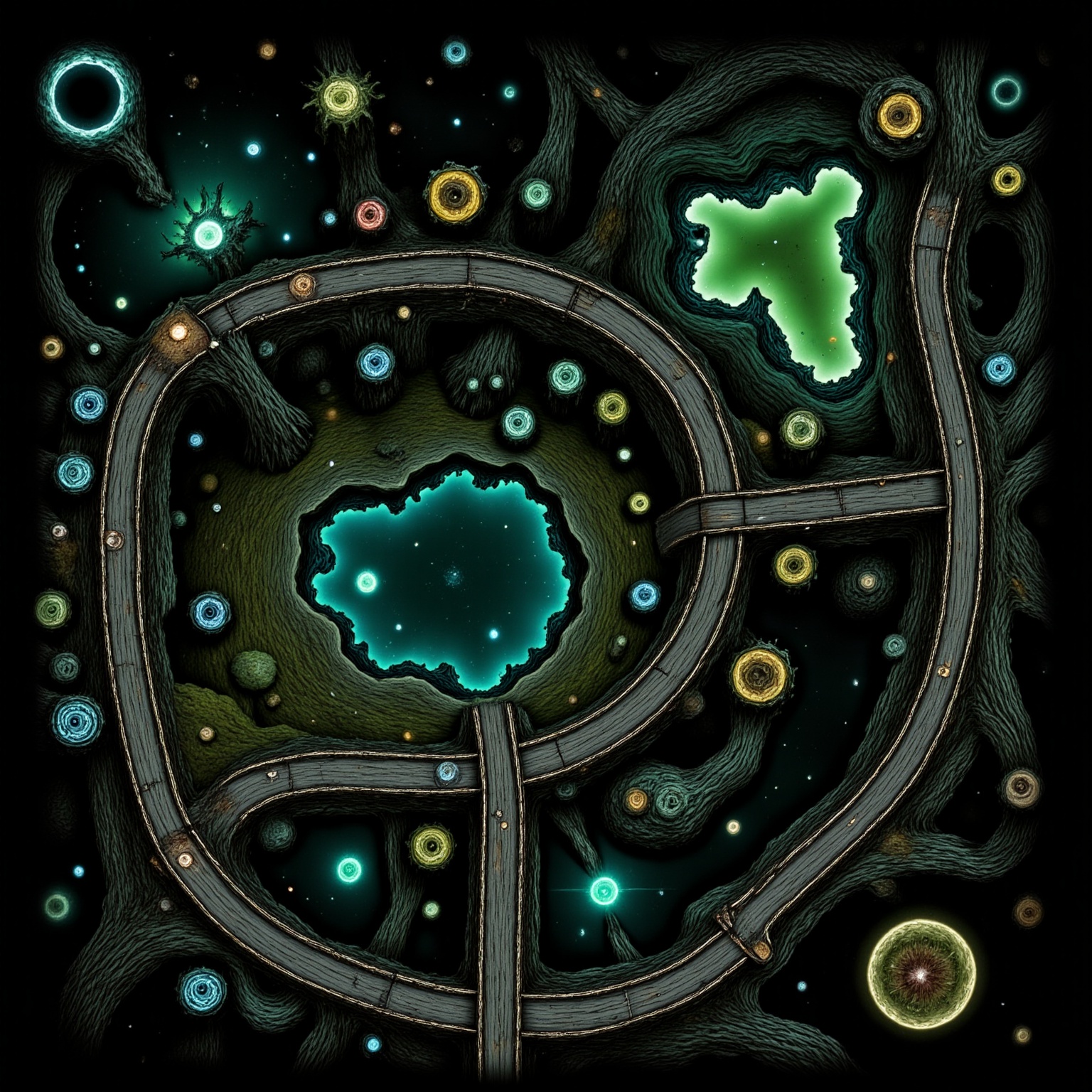 A hand-drawn fantasy map of a shadowy underground cavern system with glowing fungi,  winding tunnels,  rope bridges on Ten...