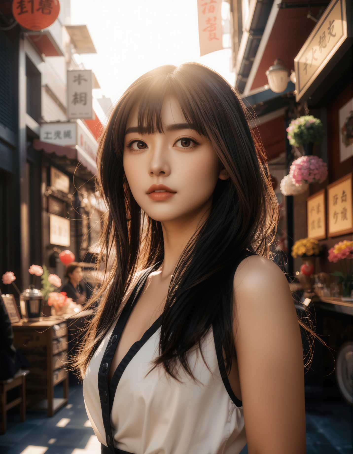 A photograph of an incredibly beautiful 18-year-old girl with long,  stylish gradient brown hair,  standing confidently at...
