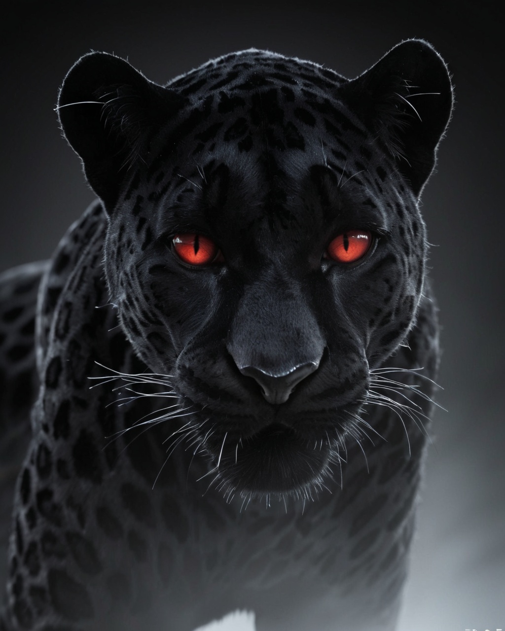 Create a vertical 4K ultra-detailed image of a majestic black panther emerging from a deep black background. Its piercing...