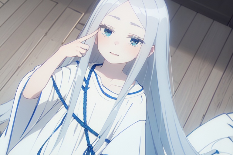 1girl,silver hair,White Clothes,Long hair,Blue head rope,Wholesale,A robe,Loose clothes.White eyelashes,A plain white dress,