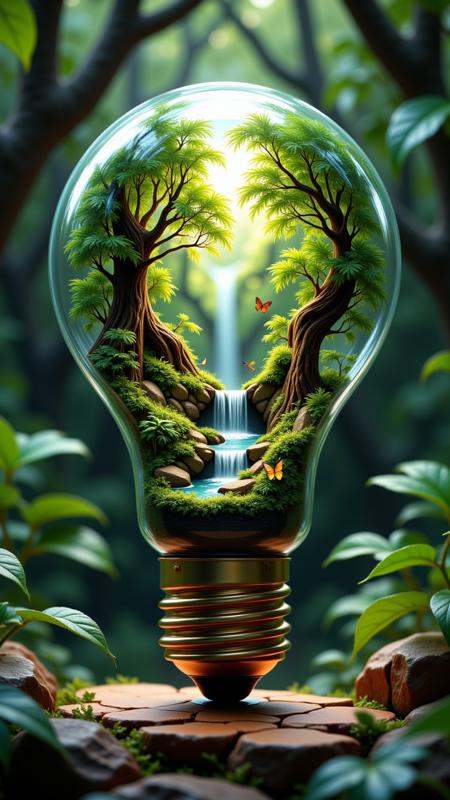 Jeddtlv3,  A clear lightbulb containing a lush rainforest scene,  with thick vines on Tensor.Art