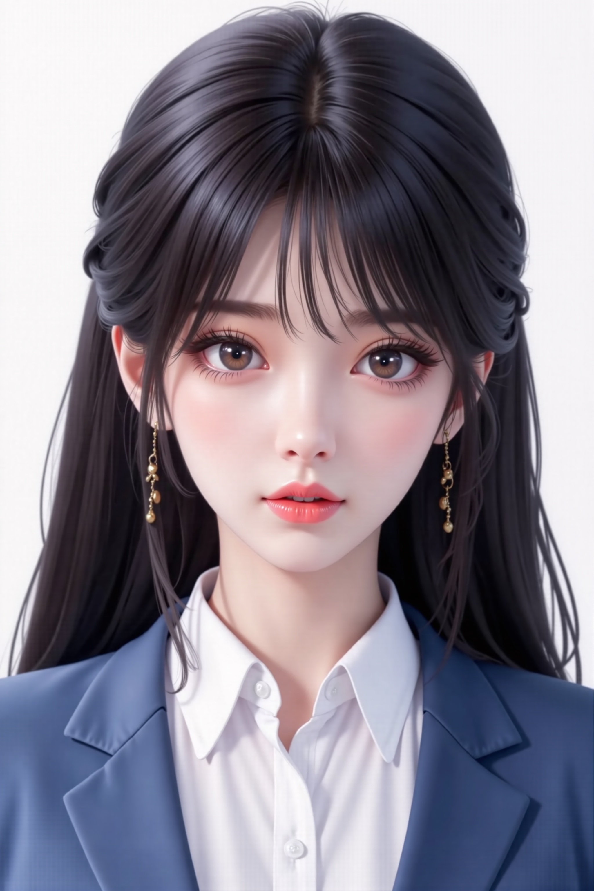 1girl,solo,jewelry,long hair,earrings,looking at viewer,jacket,black hair,upper body,brown eyes,shirt,white shirt,bangs,blue jacket,