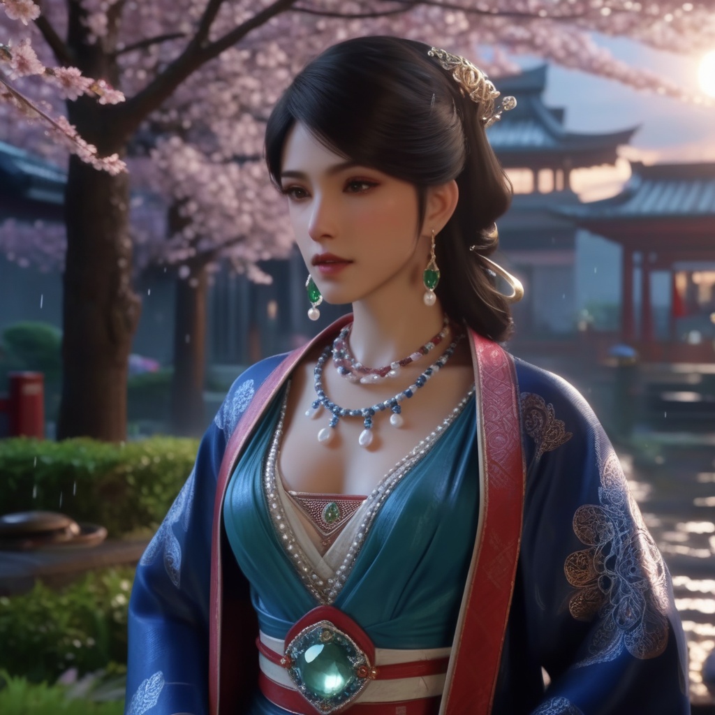 <lora:839-DA-XL-少年白马醉春风-温珞玉:0.6>, (,1girl, ,best quality, ),,  ,,ultra detailed 8k cg, ultra detailed background ,ultra realistic 8k cg,          cinematic lighting, cinematic bloom, (( , )),,  , unreal, science fiction,  luxury, jewelry, diamond, pearl, gem, sapphire, ruby, emerald, intricate detail, delicate pattern, charming, alluring, seductive, erotic, enchanting, hair ornament, necklace, earrings, bracelet, armlet,halo,masterpiece, (( , )),, realistic,science fiction,mole,   ,cherry blossoms,,(((Best quality, masterpiece, ultra high res, (photorealistic:1.4), raw photo, 1girl, ,rain, , sunlight, sunset,     )))  (cleavage),stylish_pose,  (), butterfly,
