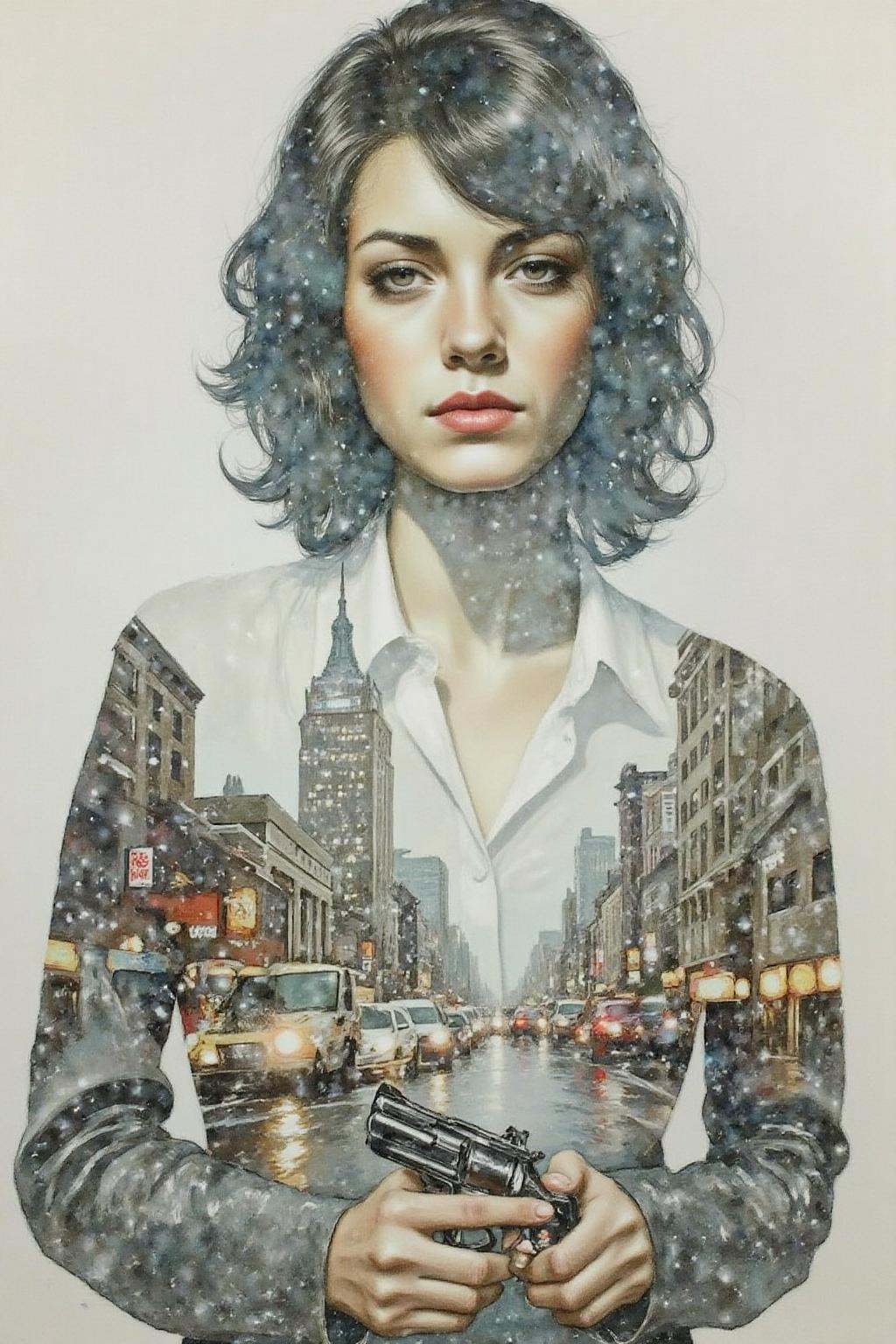 Portrait painting. a woman with dark,  wavy hair and piercing eyes is standing. She is holding a small revolver with a del...