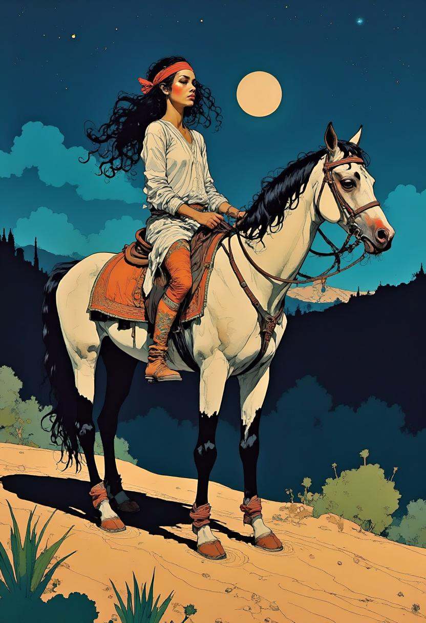 A digital illustration fetauring a beautiful berber horsewoman,  wearing ethnic pants and boots,  in a oasis by night on T...