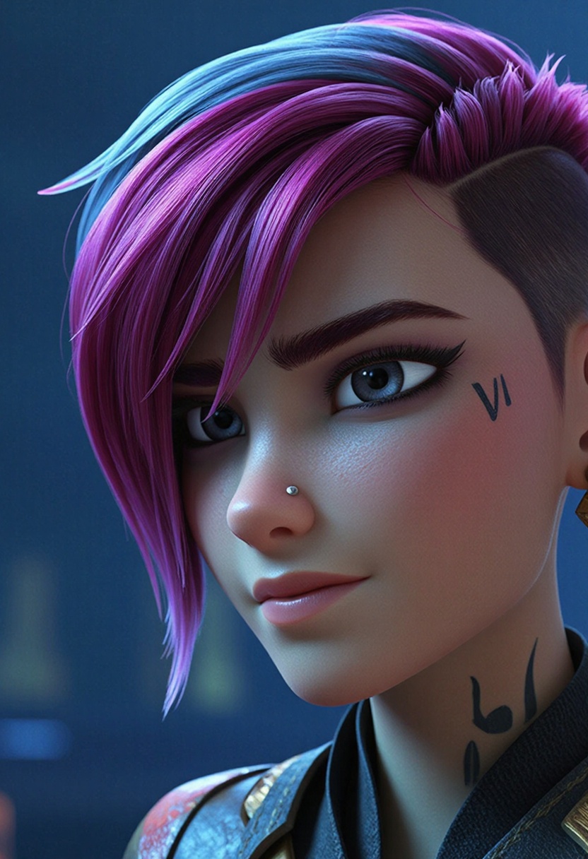 A bold and powerful character in Pixar-inspired 3D style: a fierce young woman with short,  vibrant pink hair styled with...