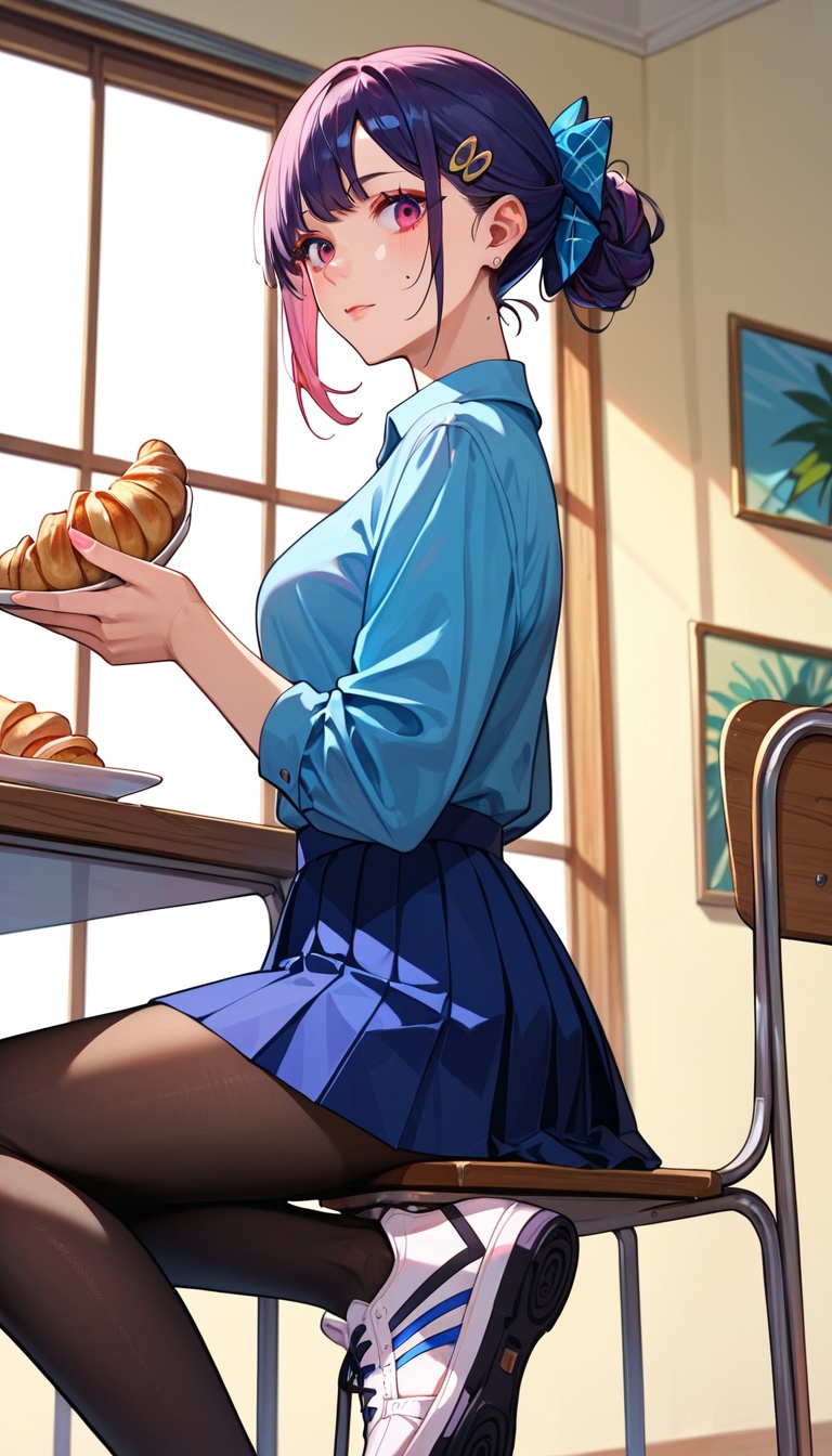 A magazine illustration of a Japanese woman sits on a chair in a modern café eating a croissant. She is wearing a casual H...