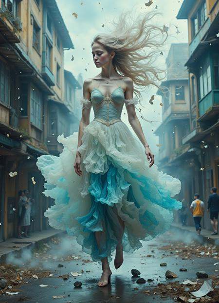 Ethereal woman with porcelain skin and delicate features,  wearing a flowing white and blue gown with layers of sheer fabr...