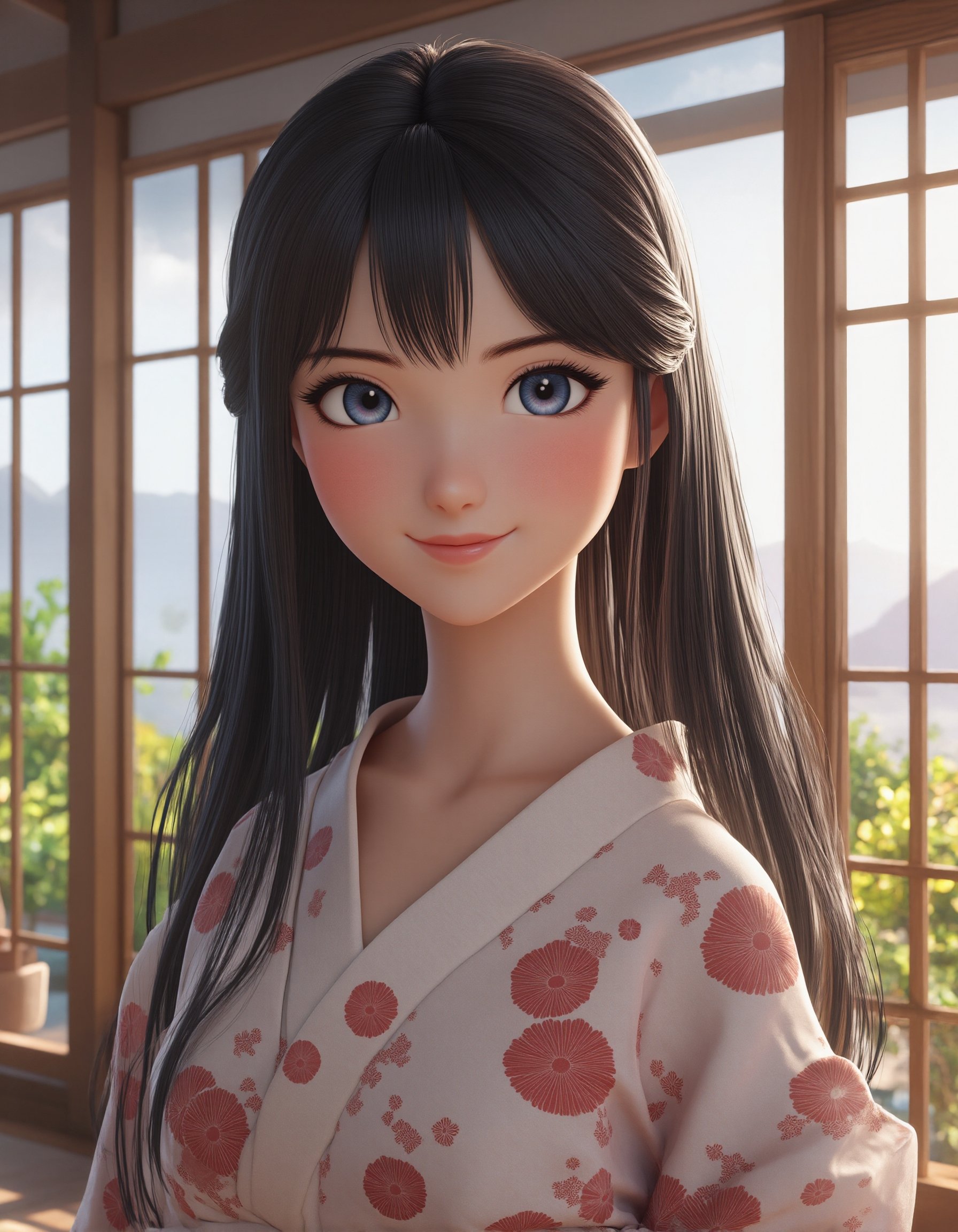 "Create a 3D anime-style portrait of a graceful Japanese woman with long,  silky black hair and striking blue eyes. Her ex...