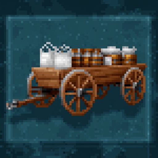 Logistics skill icon,  HoMM2 style,  icon depicts a wooden cart with four metal wheels and a hitch for towing on a teal st...