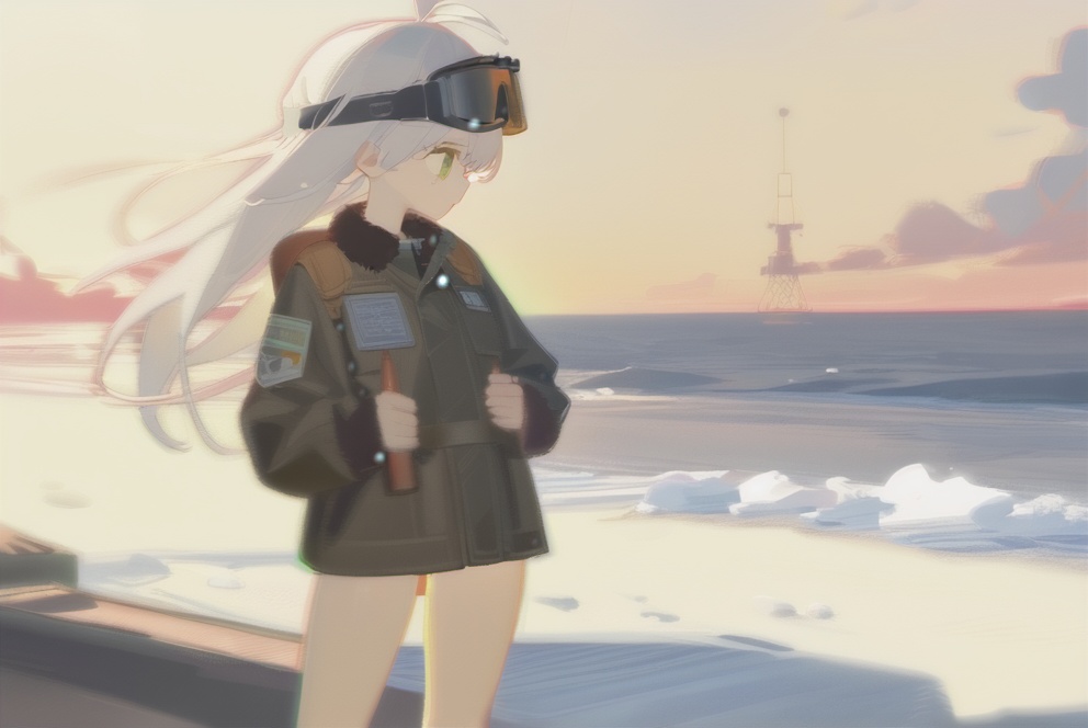 masterpiece,best quality,illustration,ultra detailed,hdr,Depth of field,(colorful),artist:tianliang duohe fangdongye,bright outline,1girl, solo, bomber jacket, pilot coat, goggles on the head, white long hair, Green eyes , four-leaf clover, wind-blown clothes, leather boots, leather material, bare legs, brown backpack, walkie-talkie, antenna, scout, exploration, signal transmitter, sunset, setting sun, Tyndall light, horizon, ultimate color, melancholy expression, the girl looks into the distance, parachute, cumulonimbus, clouds, aerial view, distant view, airship, hyperdetail, nature landscape, clouds,