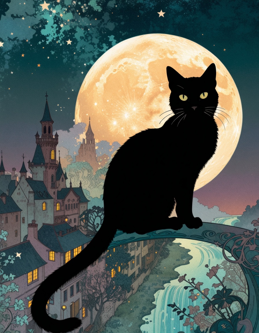 one black cat,  in Alphonse Mucha poster style|masterpiece|Black American domestic cat|against a composition |art nouveau,...