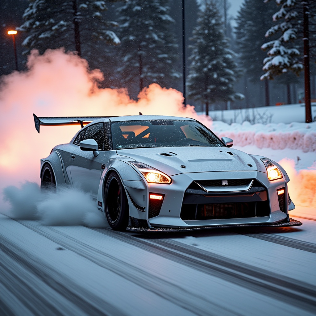 h34tw4v3__style_Nissan_GT-R,  Snowflake is accelerating and emitting fire at high heat.,  High Speed on Tensor.Art
