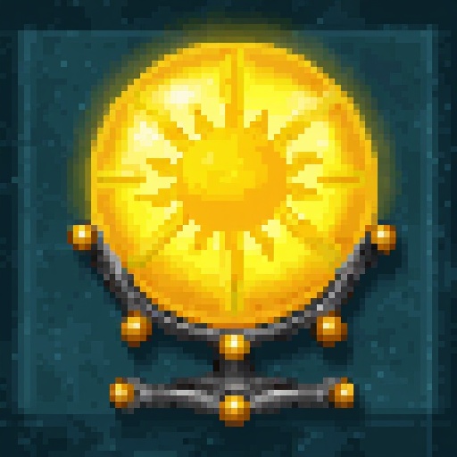 Light Mahic skill icon. On a teral stone bacground. Image is a HoMM2 style illustration featuring a glowing orb with a sun...