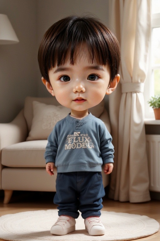 <lora:AgainF1ChibiLora:1>,boy,chibi,full body,indoors,the boy is wearing clothes with the words"Use the flux model"