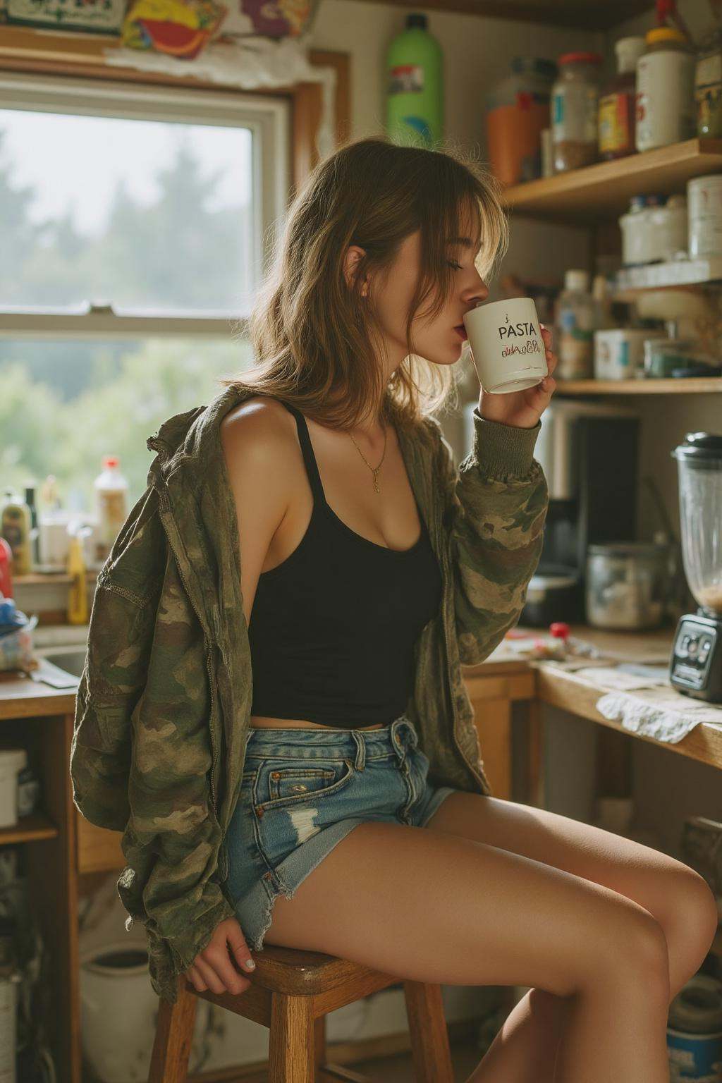 midjourney photograph. A young woman,  shown in side profile,  is sitting on a wooden stool in a messy kitchen. She is wea...