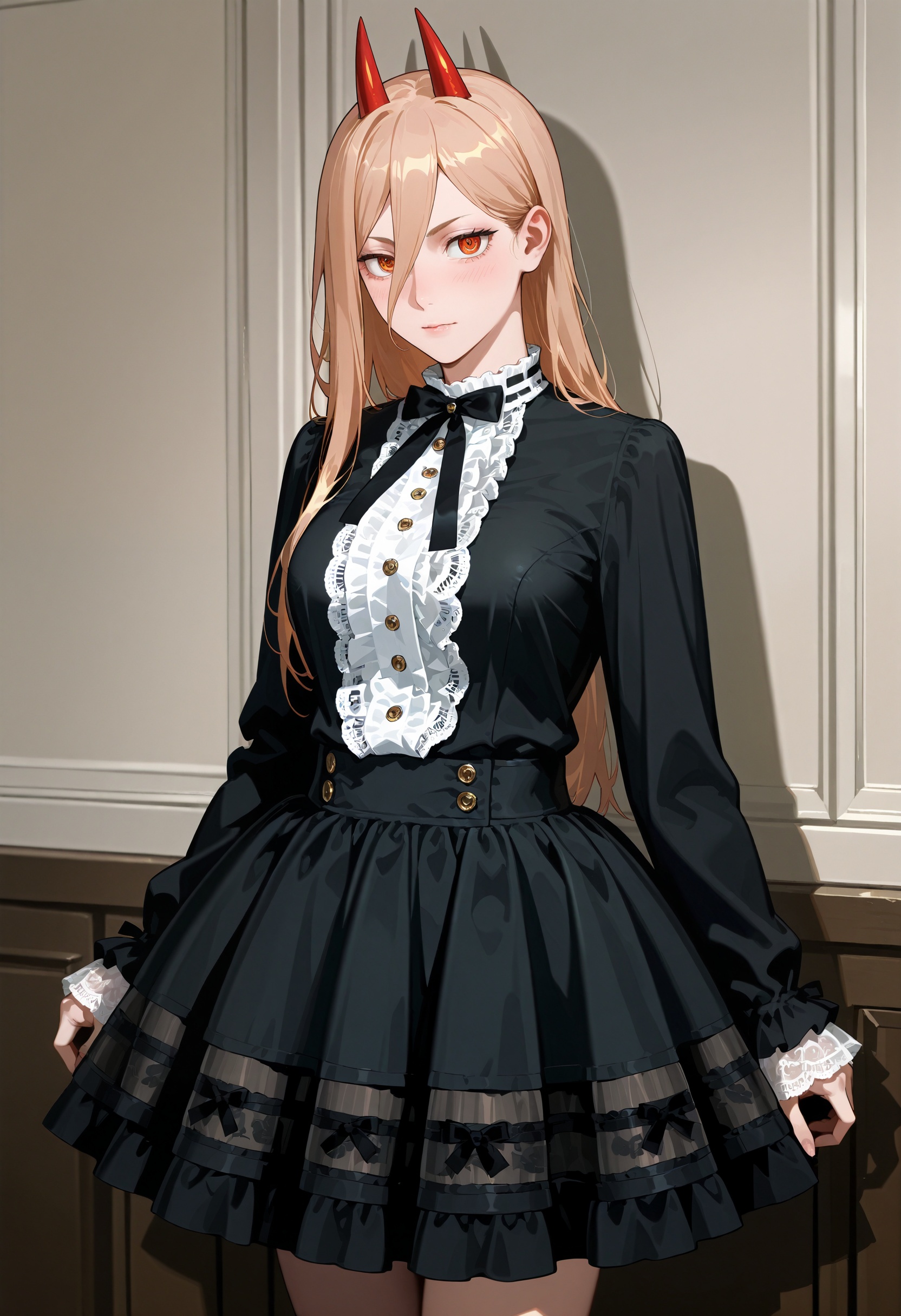 black dress,  frills,  long sleeves on Tensor.Art