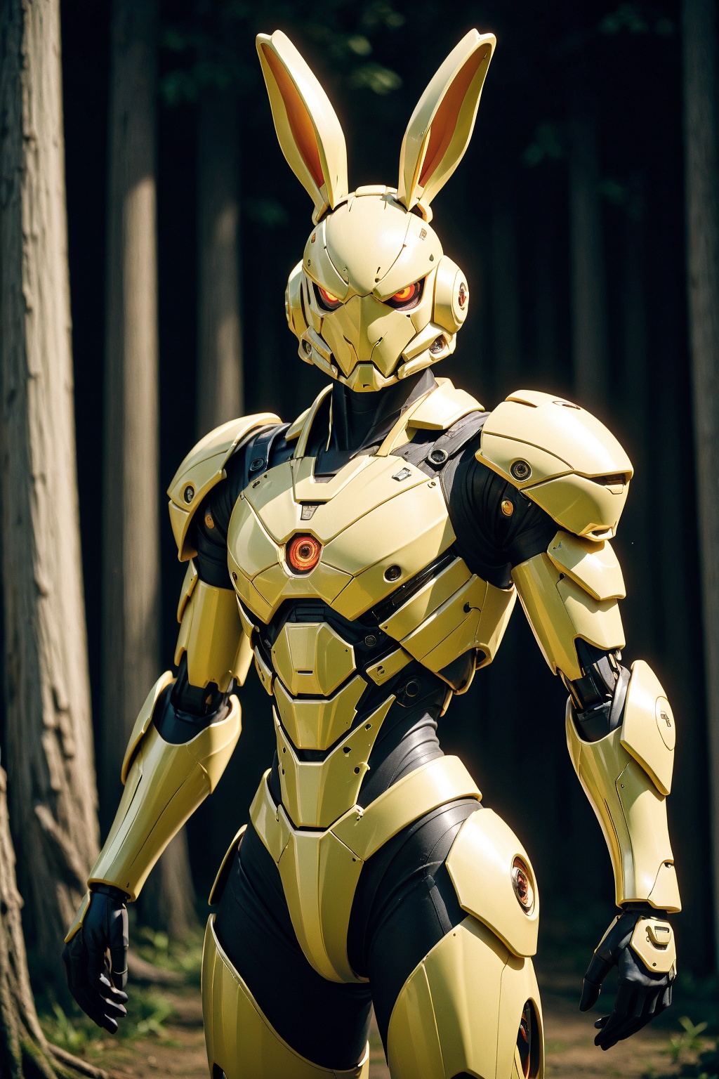 robot, glowing, rabbit, rabbit ears, animal ears, solo, glowing eyes, mecha, weapon, open hands, science fiction, forest, looking at viewer, nature, no humans, weapon on back, orange eyes, blurry, standing, armor, tree, blurry background, sword, outdoors, humanoid robot, straight-on, night, virtual youtuber, red eyes