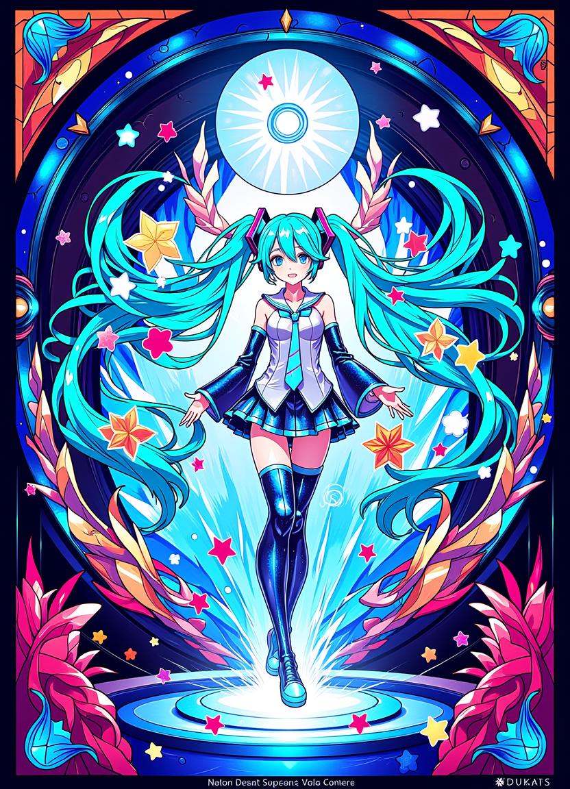 Anime stained glass style image showing Hatsune Miku,  the vibrant blue-haired virtual diva,  gracefully dances on stage o...
