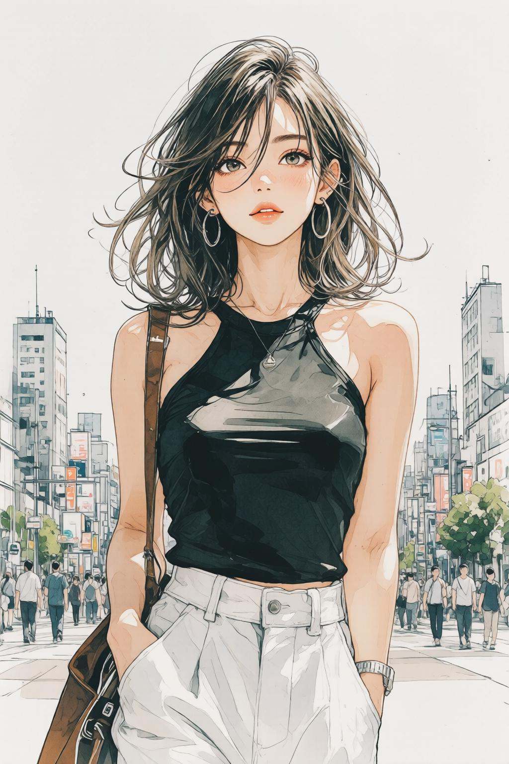 nijiwatercolor1q anime illustration.A young woman is standing in an urban setting,  looking directly at the viewer. She ha...